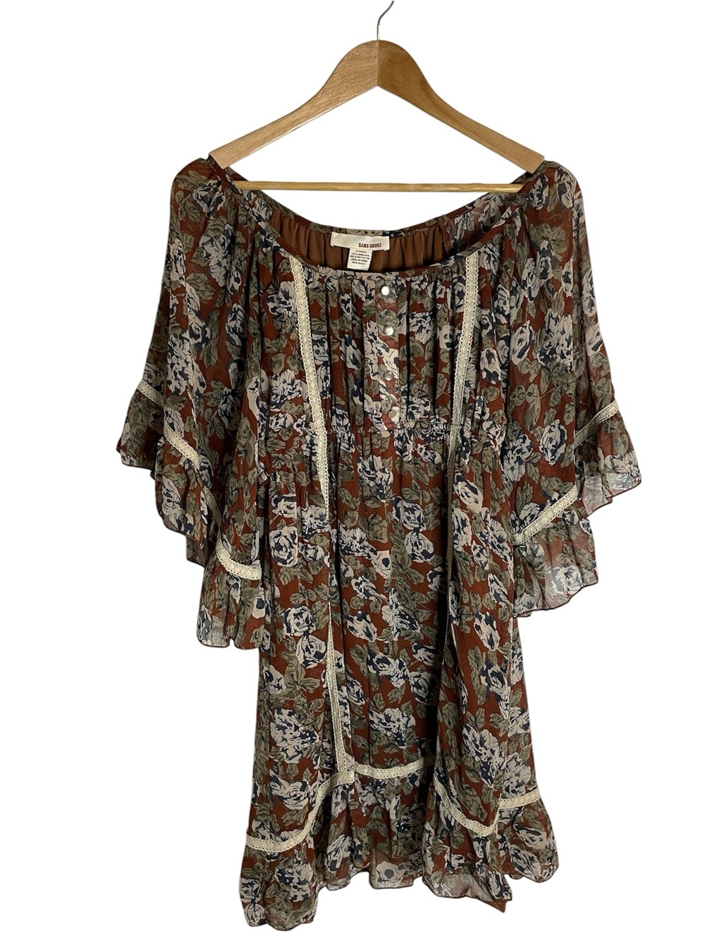 Sans Souci Brown Floral Off-Shoulder Boho Dress with lace detail Size Small chic